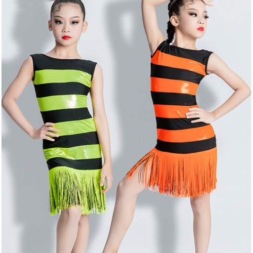 Girls kids neon green orange striped fringe latin dance dresses for girls kids  children ballroom salsa rumba dancing costumes for children